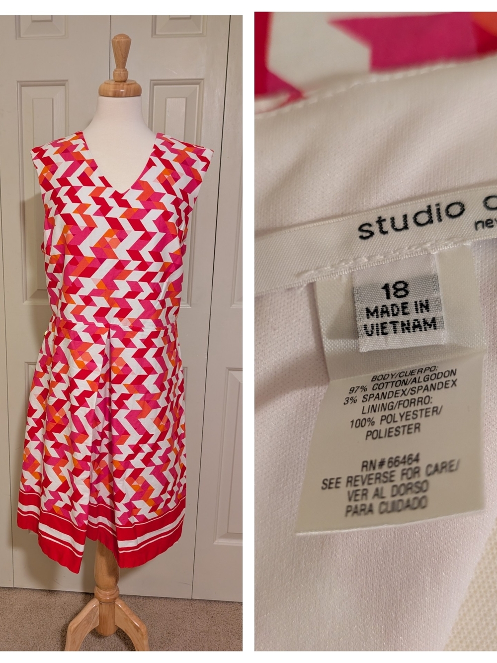 Studio C Pink, Red & Orange Geometric V-Neck Dress